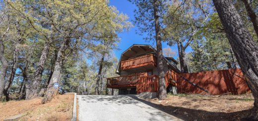 Wood cabin retreat surrounded by trees with outdoor deck space in Big Bear Lake