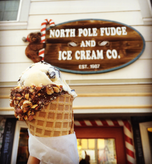 North Pole Fudge and Ice Cream Co ice cream cone in Big Bear Lake