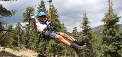 A person in a blue helmet and harness smiles while ziplining through a forest with pine trees under a cloudy sky.