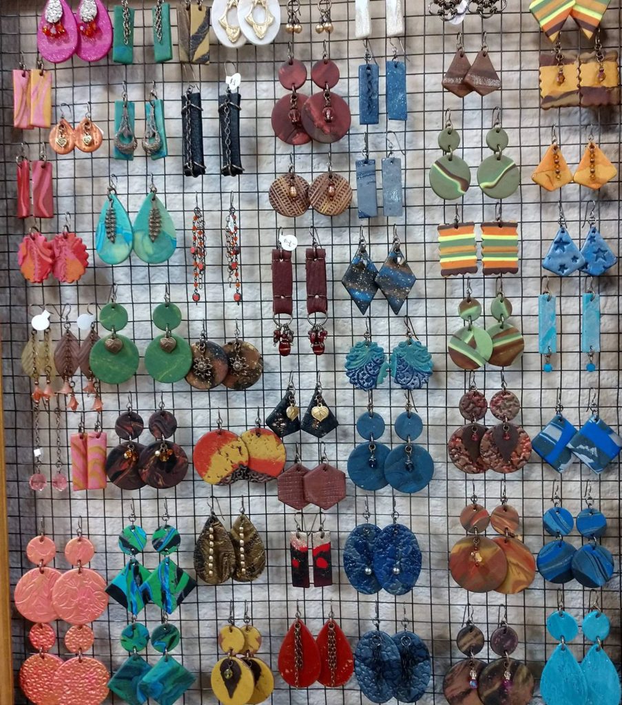 Handmade artisan earrings display at Big Bear Yarn Co in Big Bear Lake