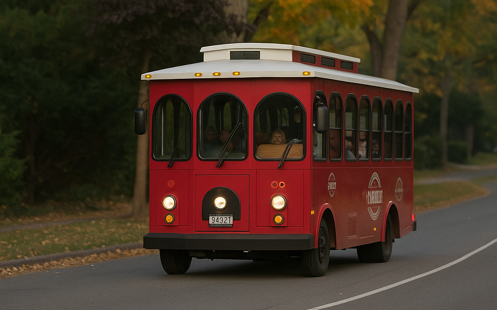 A red trolley bus drives on a scenic road in Big Bear.