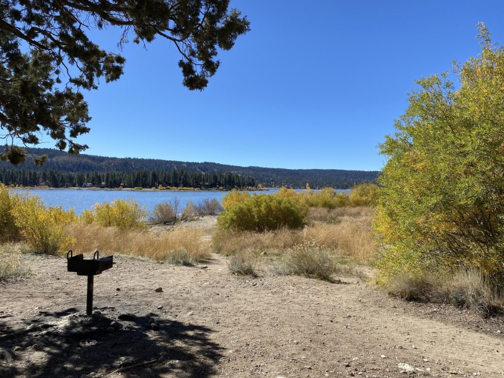 Lakeside picnic area at Juniper Point in Big Bear featuring a barbecue grill, natural shoreline, native shrubs, and forested mountain views.