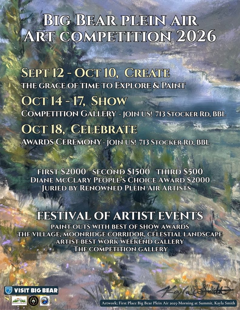 Big Bear Plein Air Art Competition 2026 event poster featuring painting dates, gallery exhibition, awards ceremony, and artist festival events in Big Bear Lake