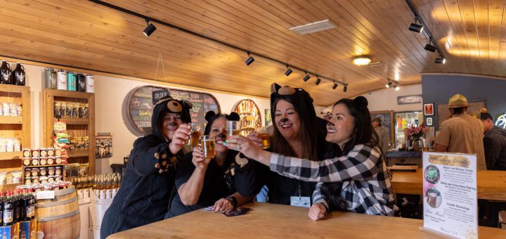 Three women wearing cat ears cheerfully toast with beers at the Bear Crawl Big Bear event.