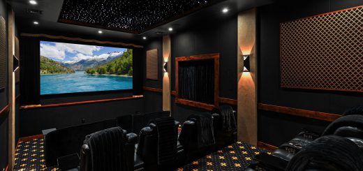 White Pine Lodge private home theater with luxury recliners and starry ceiling