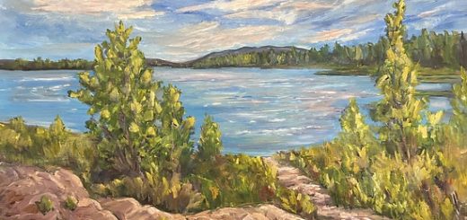 Beautiful landscape painting featuring a lake, trees, and mountains created during a Landscape Painting Class