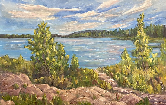 Beautiful landscape painting featuring a lake, trees, and mountains created during a Landscape Painting Class