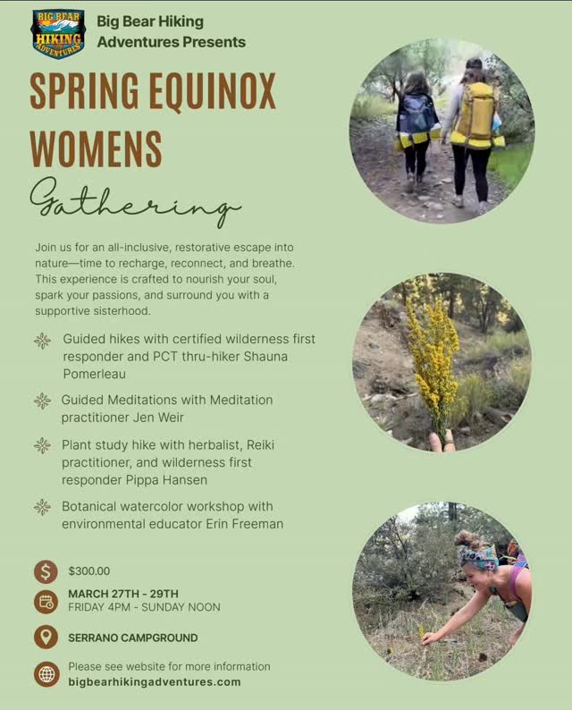 Spring Equinox Women’s Gathering event in Big Bear featuring guided hikes, meditation, plant study, and nature retreat at Serrano Campground