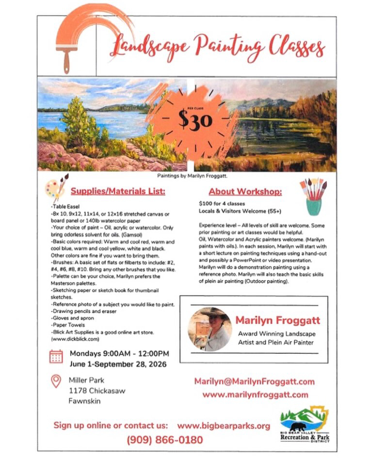 Promotional flyer for Landscape Painting Classes featuring workshop details, dates, and instructor information