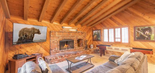 Alpine Woods cabin rental in Big Bear California living room with fireplace