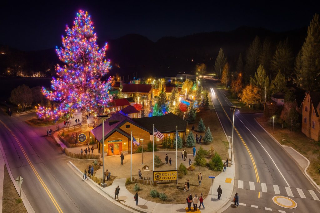 Aerial view of Big bear zoo at night with a large Christmas tree of lights.
