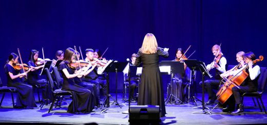 A woman in a black dress and shirt plays the violin at an event hosted by the Arts Council of Big Bear.