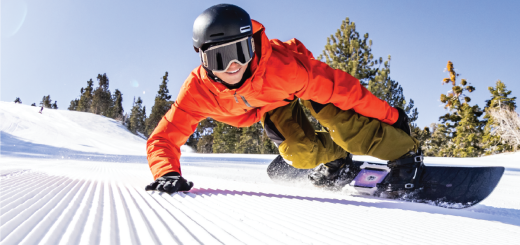 A snowboarder carving through the snow at Big Bear Lake, with an offer of free lift tickets for every 2-night stay.