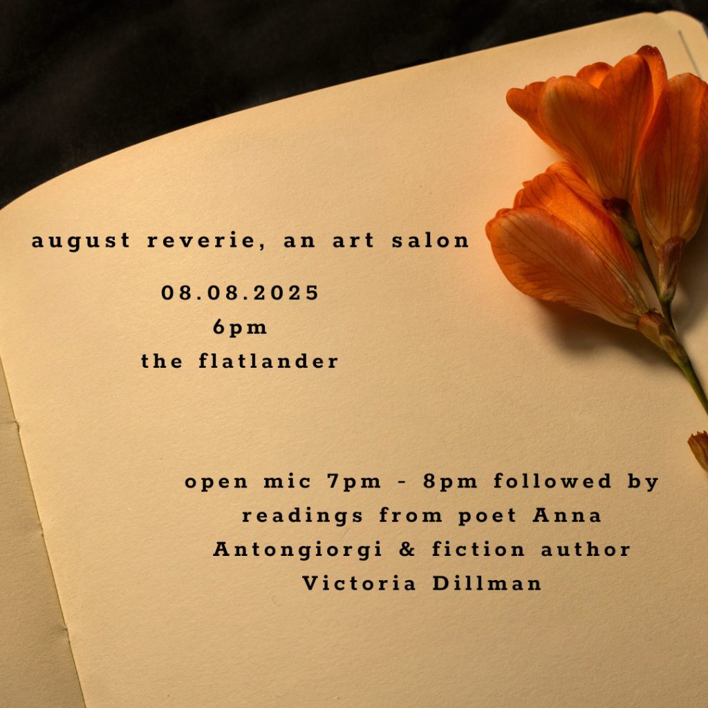 Art salon titled "August Reverie" at The Flatlander in Big Bear, showcasing various artistic works and creative expressions.