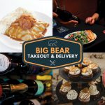 A collage of eight images showcasing various food and drink items available for takeout and delivery from Big Bear, including a burger, a main dish with rice, a salad, a dessert with whipped cream, bottles of wine and champagne, cupcakes, and tacos, centered around a hexagonal logo that reads "Big Bear Takeout & Delivery."