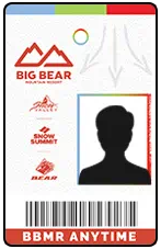 A Big Bear Mountain Resort pass with a silhouette and logos for Snow Valley, Snow Summit, and Bear, represents skiing at Big Bear.