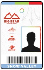 A Big Bear Mountain Resort pass with a silhouette and logos for Snow Valley, Snow Summit, and Bear, represents skiing at Big Bear.