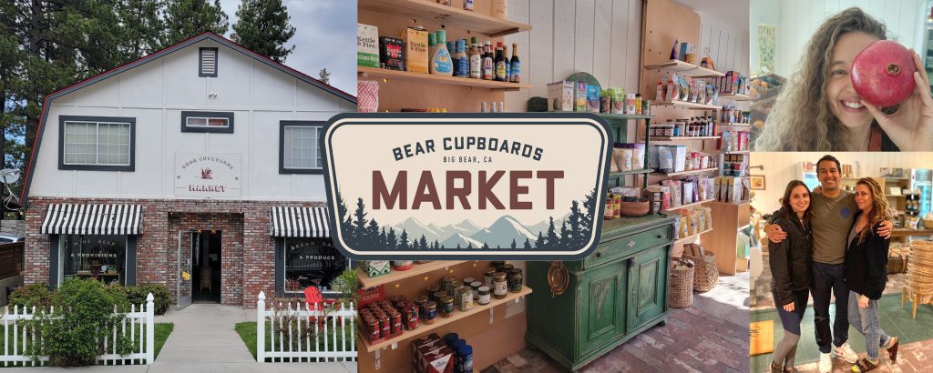 A collage featuring the exterior of the "Village Sweet Shoppe" building on the left, a central image of the market's interior with a "Bear Cupboards Market" logo, and two smaller images on the right—a person holding an apple and a group photo.