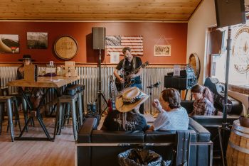 Bearly Famous musician performing acoustic music indoors with guests enjoying the live entertainment