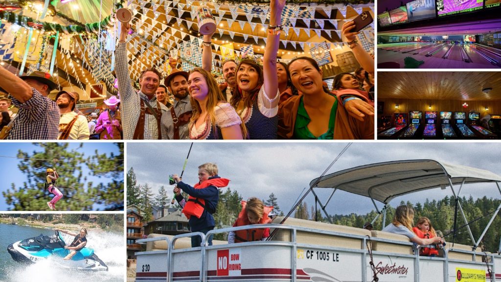 Visitors enjoying popular Big Bear Lake activities including Oktoberfest, bowling, arcade games, ziplining, jet skiing, and family fishing.