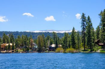 Green scenery in front of the Big Bear Lake and several houses next to tall trees.