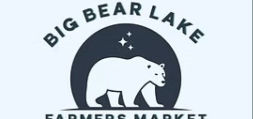 Graphic of Big Bear Lake Farmers Market in blue with a bear walking in front of a round dark night sky