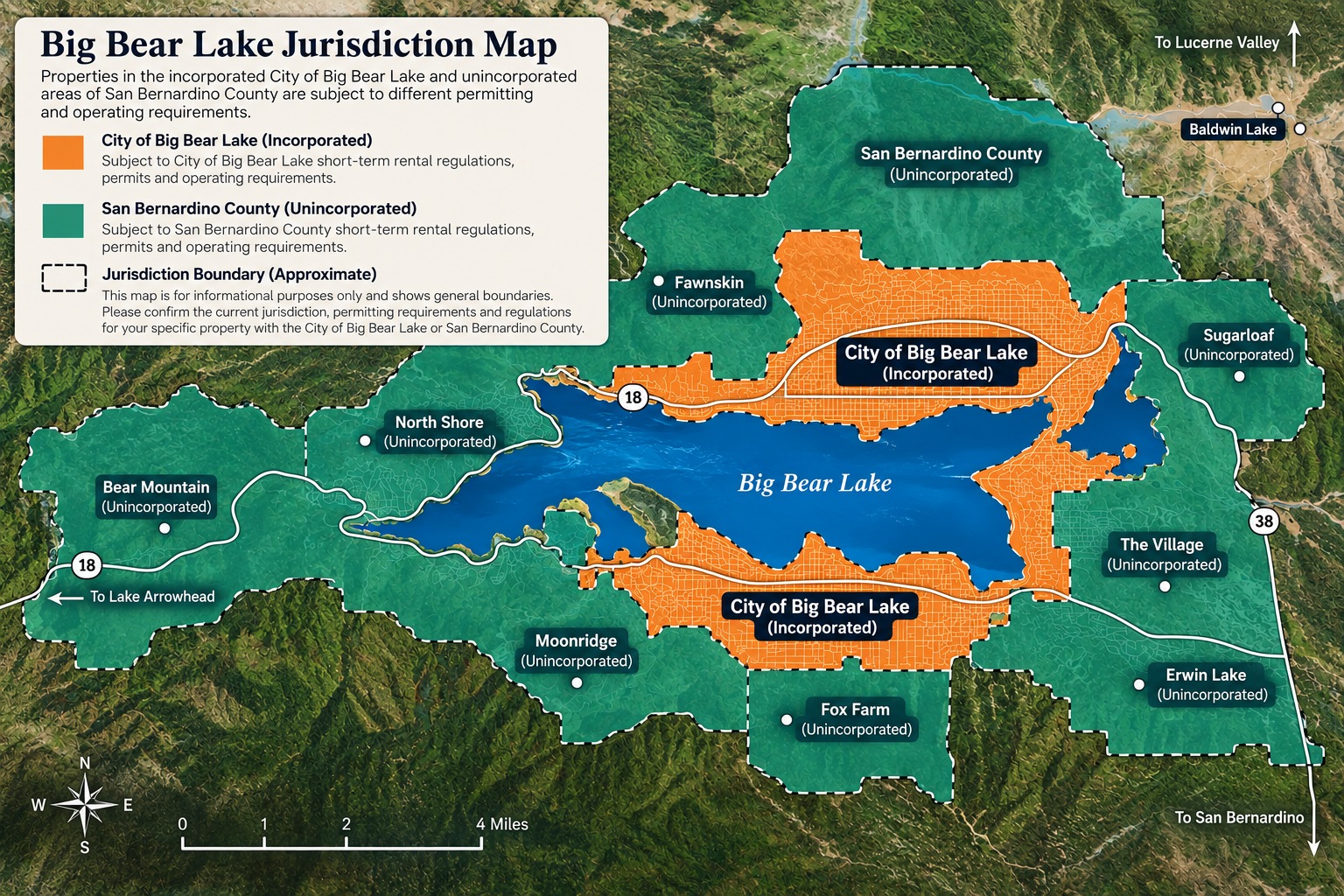 Big Bear Lake jurisdiction map showing city limits and unincorporated county areas.