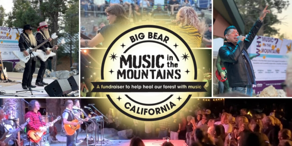 Live outdoor music event collage in Big Bear Mountains with performers and audience enjoying a concert