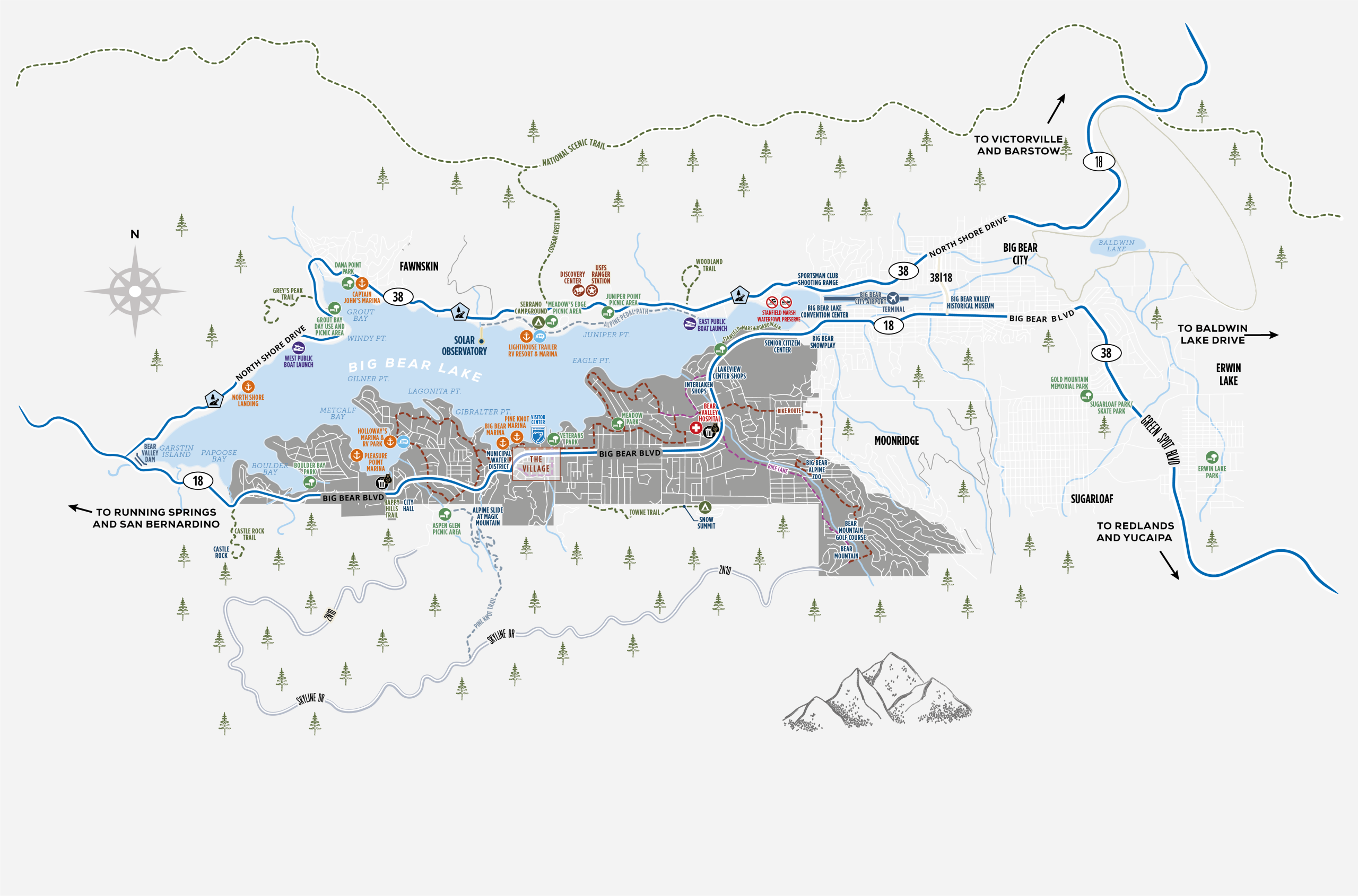 Illustrated map of Big Bear Lake neighborhoods, major roads, attractions, parks, and surrounding communities.
