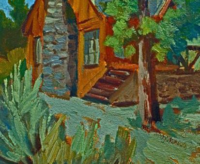 An oil painting of a rustic cabin in a wooded setting is shown, with a title for the Big Bear Plein Air Arts Festival at the bottom, which includes the place name.