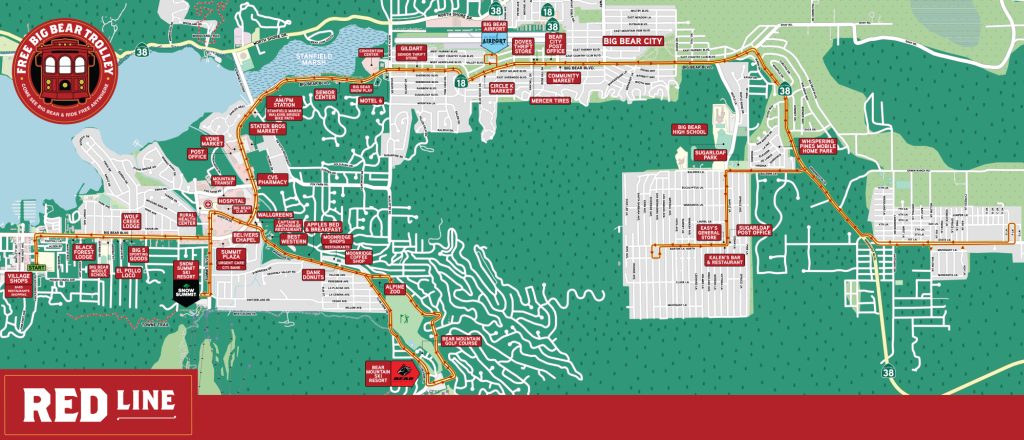 Detailed map of the Big Bear Trolley Red Line route, outlining key stops like Big Bear Village, Snow Summit Ski Resort, and other notable locations around Big Bear Lake.