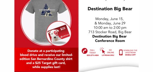 Promotional graphic for the Big Bear Summer Blood Drive hosted by Destination Big Bear with donor gift incentives and event details.