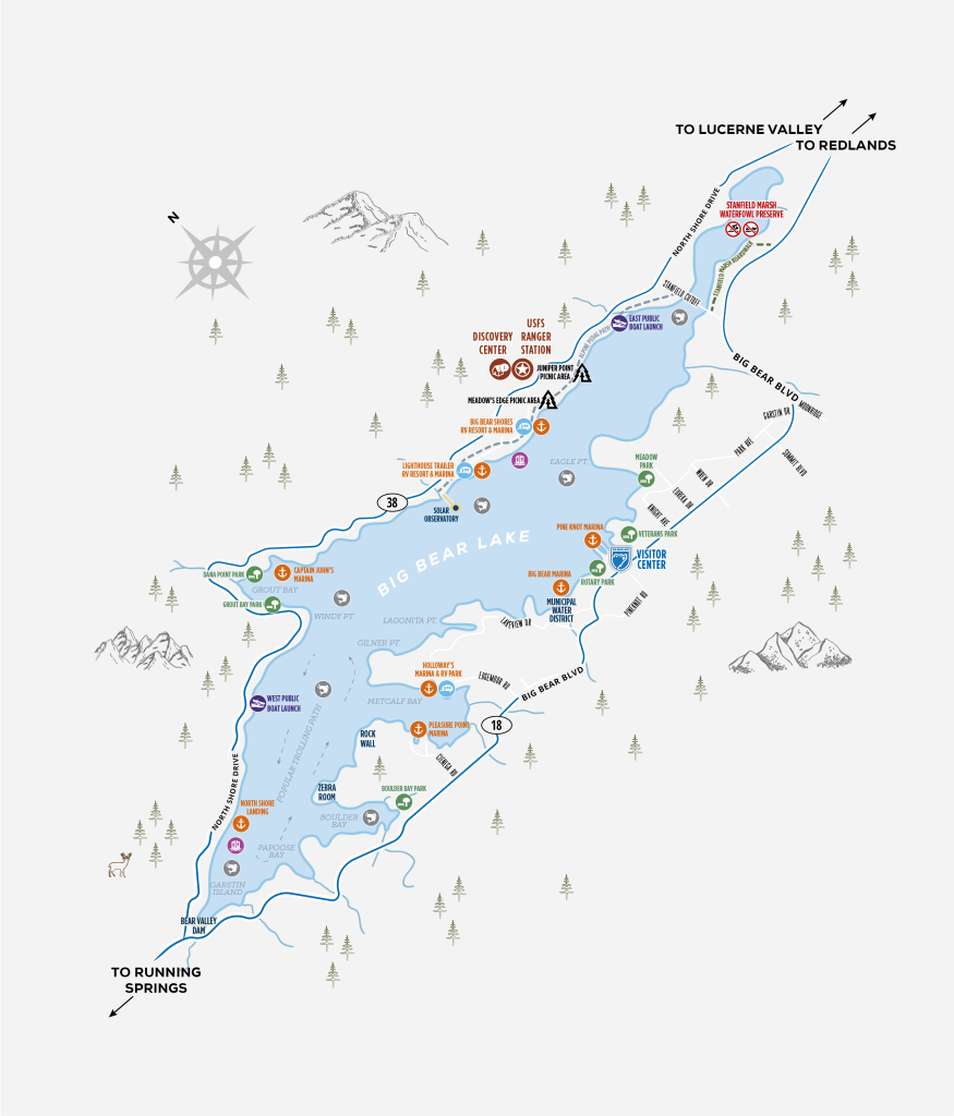 Map of Big Bear Lake with marked points of boat ramp information.