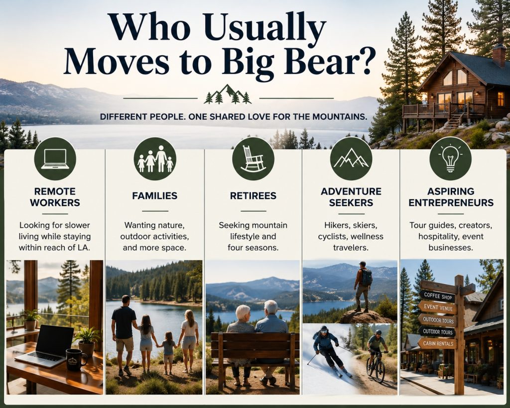 Infographic showing who usually moves to Big Bear, including remote workers, families, retirees, adventure seekers, and aspiring entrepreneurs, with icons and scenic mountain images.