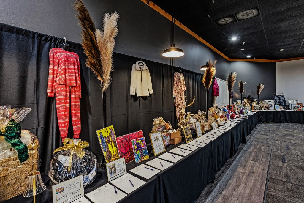 Event display area with gifts and decorative presentation setup