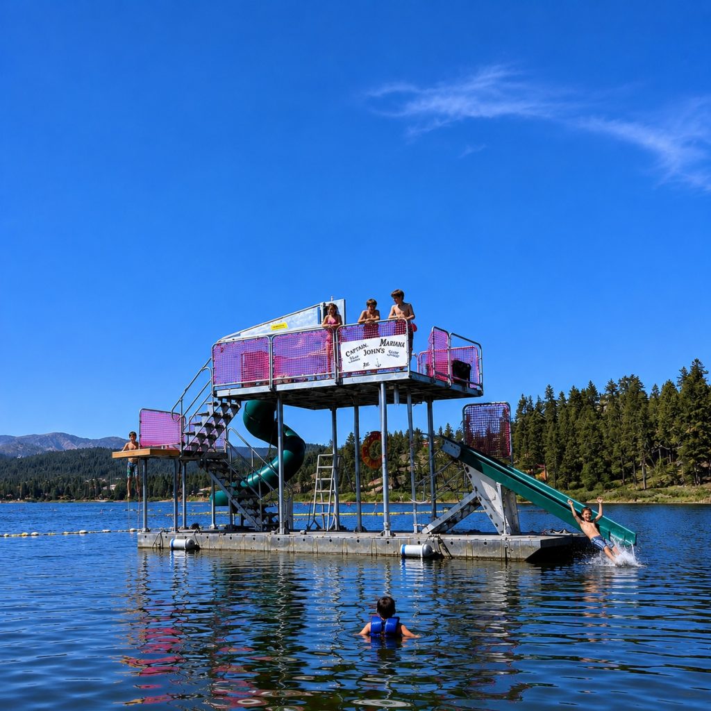 Person wakesurfing behind a boat on Big Bear Lake surrounded by mountain scenery and waves