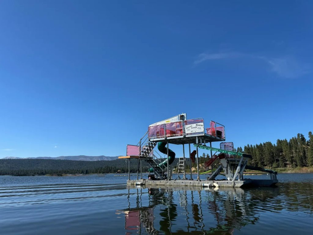 Floating water slide platform at Captain John’s Marina on Big Bear Lake in Fawnskin