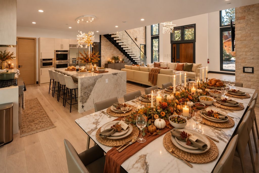 Elegant cabin interior featuring a modern dining table setup, kitchen island, warm lighting, and cozy mountain home design