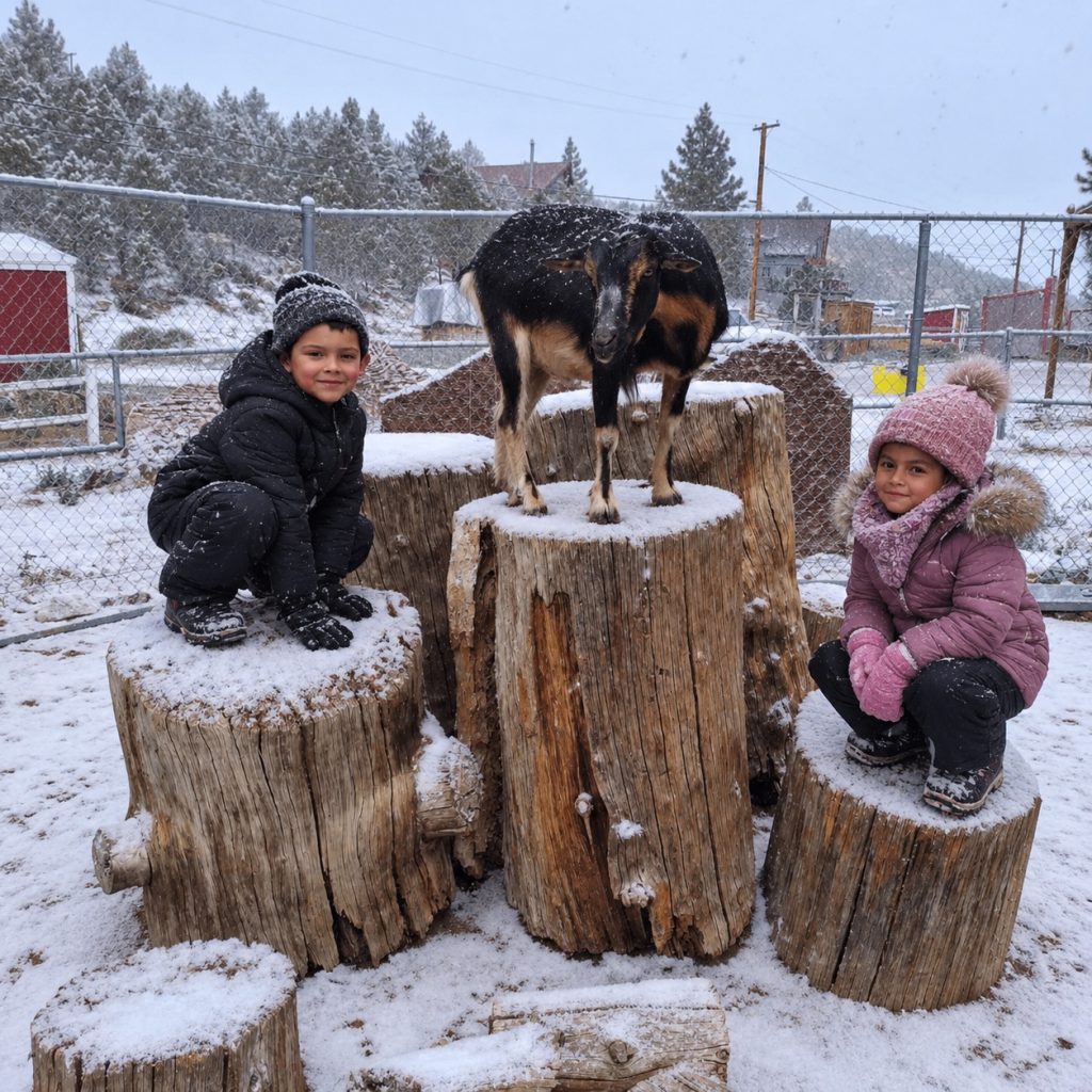 Children visiting a goat enclosure during a snowy day at Big Bear Alpine Zoo