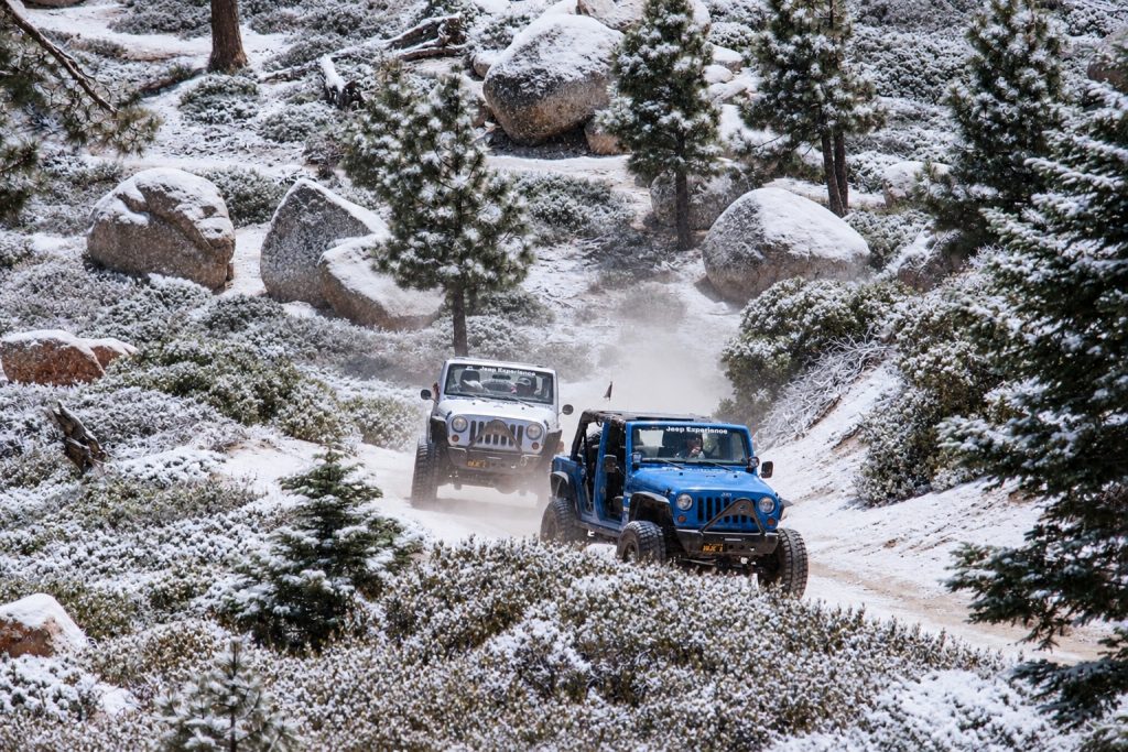 Two Jeep vehicles driving through a snowy mountain trail surrounded by pine trees and rocks