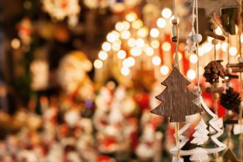 Big Bear Christkindlmarkt wooden tree ornaments with warm festive lights