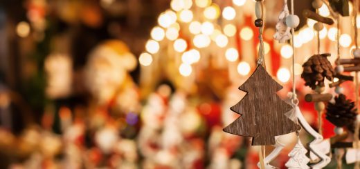 Big Bear Christkindlmarkt wooden tree ornaments with warm festive lights