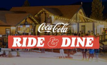 Coca-Cola Ride and Dine event at Snow Summit with evening skiing and guests gathered at the mountain base