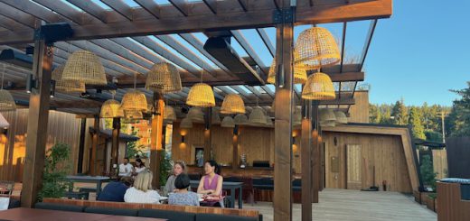 De la Nonna Restaurant Big Bear Lake - Outdoor Patio looking at people seated under outdoor pergola