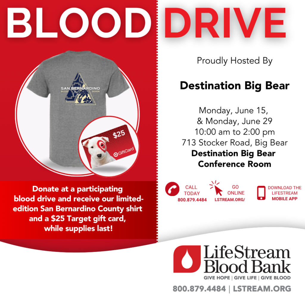 Instagram promotional graphic for Destination Big Bear blood drive event with donor rewards and event details.