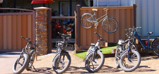 Electric bikes parked outside a building ready for outdoor adventures and rental experiences
