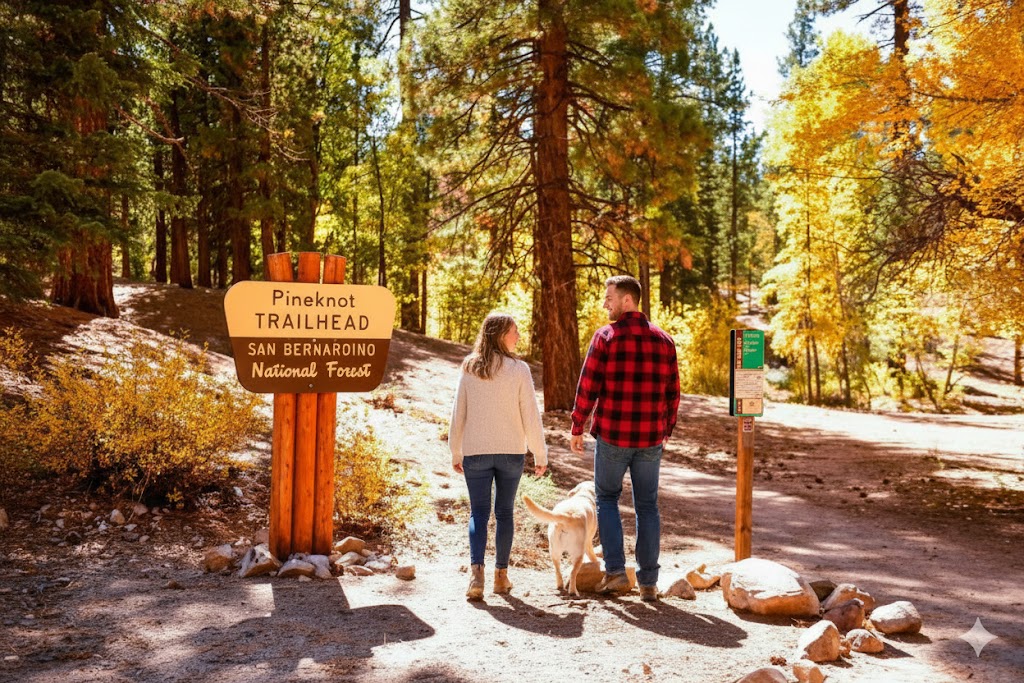 A couple walks their dog in the snow near a sign for Big Bear Lake, surrounded by a winter landscape