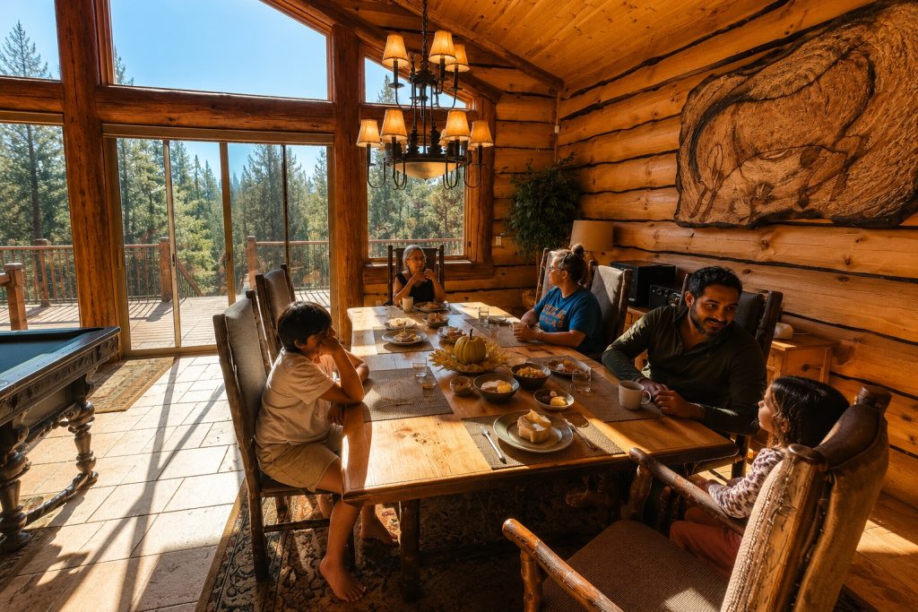 Family enjoying a meal together inside a cozy Big Bear cabin with rustic wood interiors and mountain views