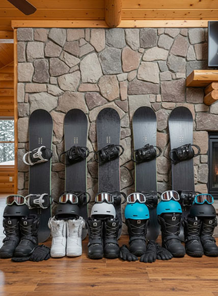 5 snowboards, boots, helmets and googles lined up leaning against a stone wall in a log cabin