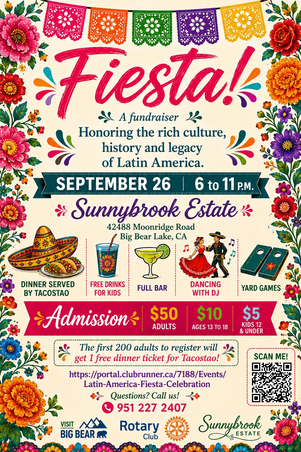 Colorful Latin America Fiesta event flyer featuring cultural decorations, event details, food, music, dancing, and Sunnybrook Estate information in Big Bear Lake